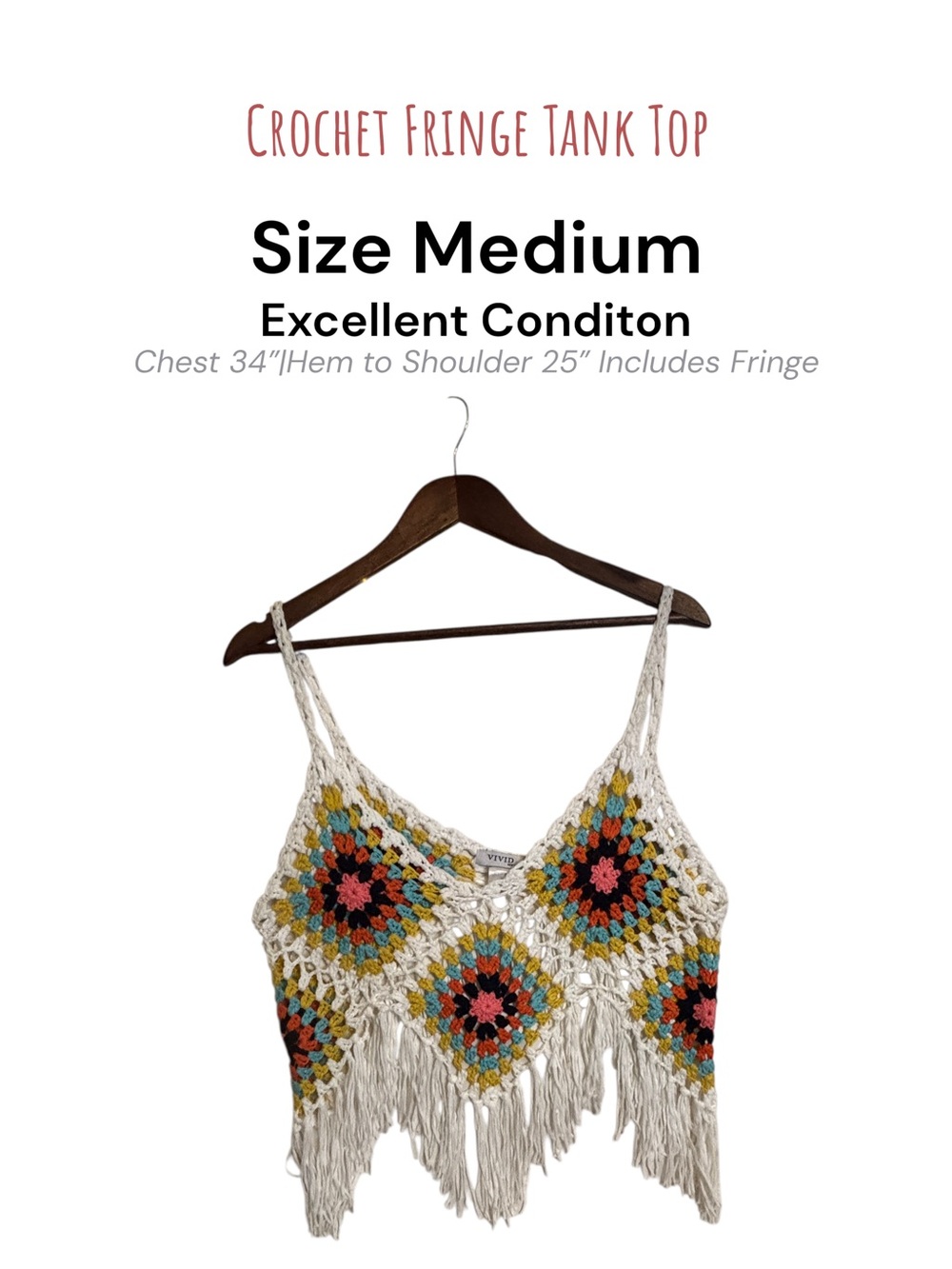 Vivid New York Boho Crochet Fringe Tank Top Multicolor Granny Square M